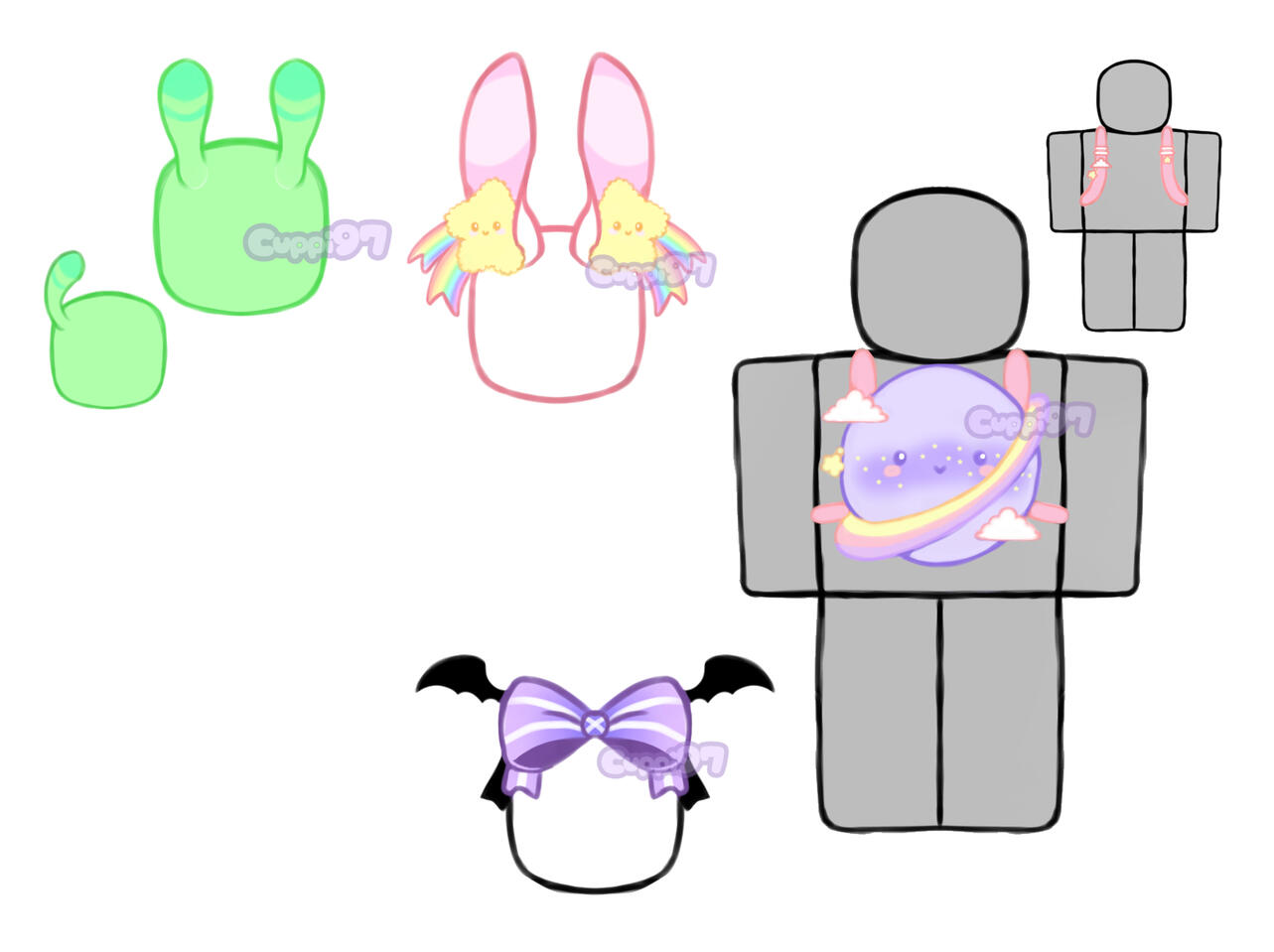 Alien Antennae, Bunny Star Puff Ears, Planet Buddy Backpack, Bat Bow